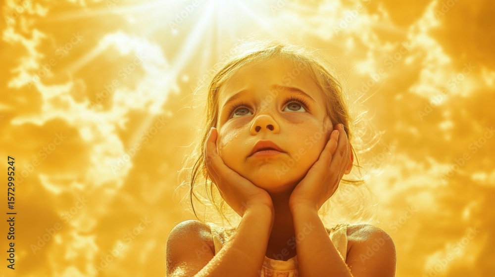 Fototapeta premium Child Gazing at Golden Sunset Sky.
