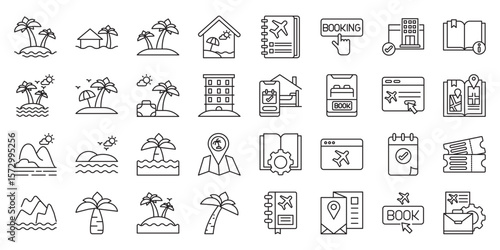 Explore Islands Through Travel Books set of web icons in line style. island travel, travel books, travel guidebook, island guide and island destinations.  Vector illustration