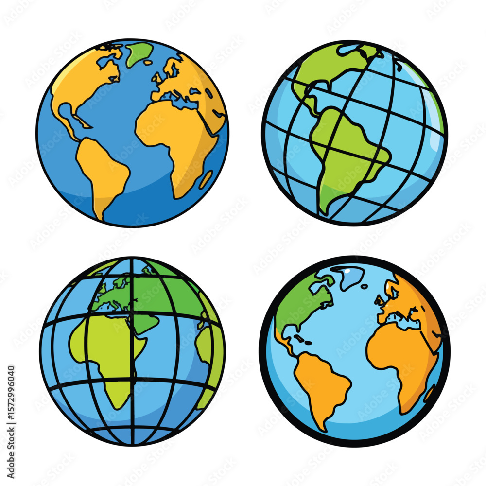 Vector art of four cartoon globes show different views of the earth Vector art of four cartoon globes show different views of the earth