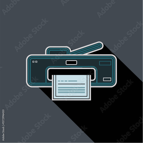 Desktop printer with paper tray and print-out page in flat vector with dark background, Dark Mode UI style
