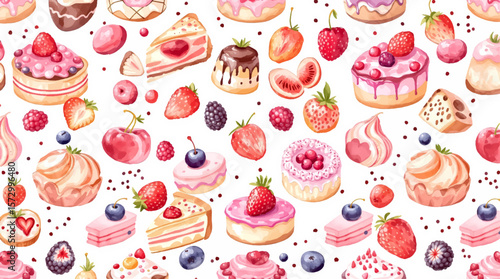 Watercolor Sweet desserts pattern on white background