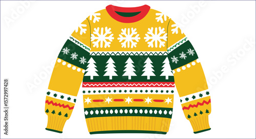 Festive yellow sweater with snowflakes and trees christmas green
