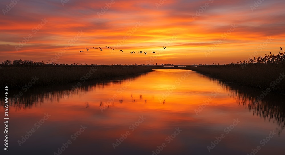 Obraz premium Birds Fly Over River at Sunset