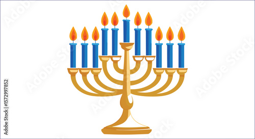 Golden menorah with blue candles and orange flames hanukkah