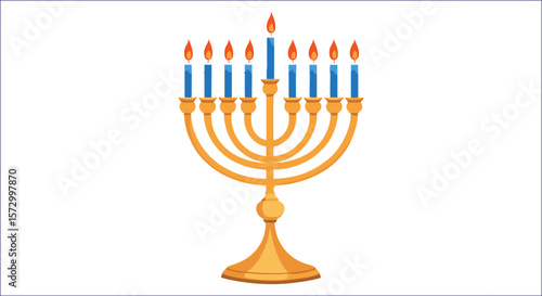 Golden menorah with blue candles and flames hanukkah