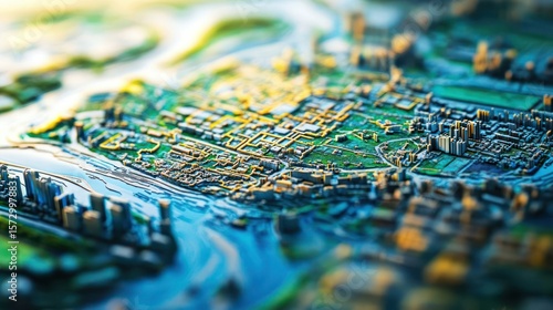 Artistic aerial depiction of a fictional metropolis blending green urban landscapes with waterways, showcasing miniature skyscrapers, and detailed city planning in a stylized abstract manner