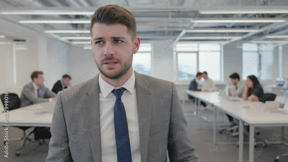 Stressed Businessman Holding Head in Office Meeting Frustrated Expression Stressed Businessman Holding Head in Office Meeting Frustrated Expression