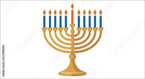 Golden menorah with nine lit blue and orange candles hanukkah