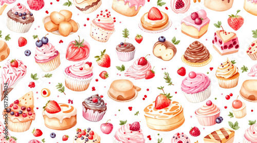 Watercolor Sweet desserts pattern on white background