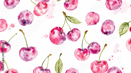 Watercolor red cherries on white background seamless vector pattern