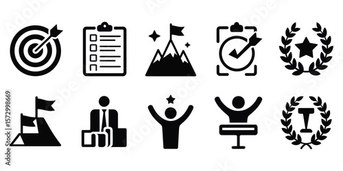 Business strategy and success icons set, vector symbols of goals, targets and achievement elements

