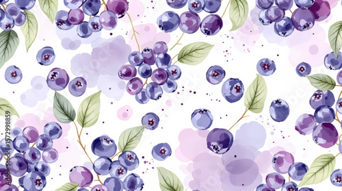 Watercolor Blueberries Pattern With Purple And Pink Berries And Green Leaves For Background Design