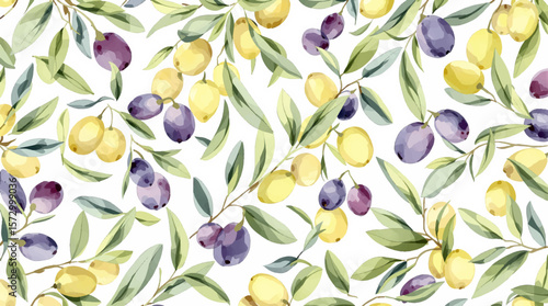 Watercolor Olive Branch Pattern With Purple Olives And Green Leaves On Light Background