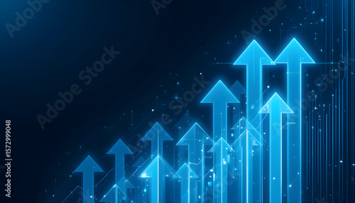 Futuristic digital background with glowing blue arrows pointing upward, symbolizing growth, success, innovation, and technology progress in a high-tech virtual environment.