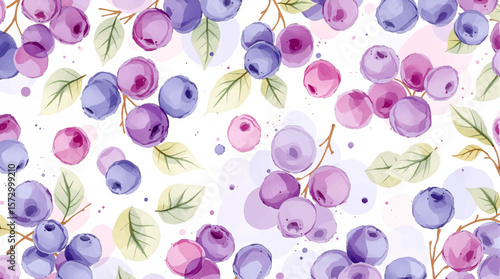 Watercolor Blueberries Pattern With Purple And Pink Berries And Green Leaves For Background Design
