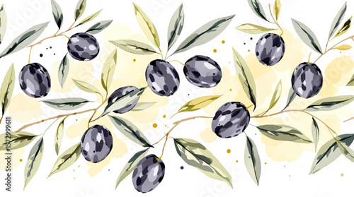 Watercolor Olive Branch Pattern With Purple Olives And Green Leaves On Light Background