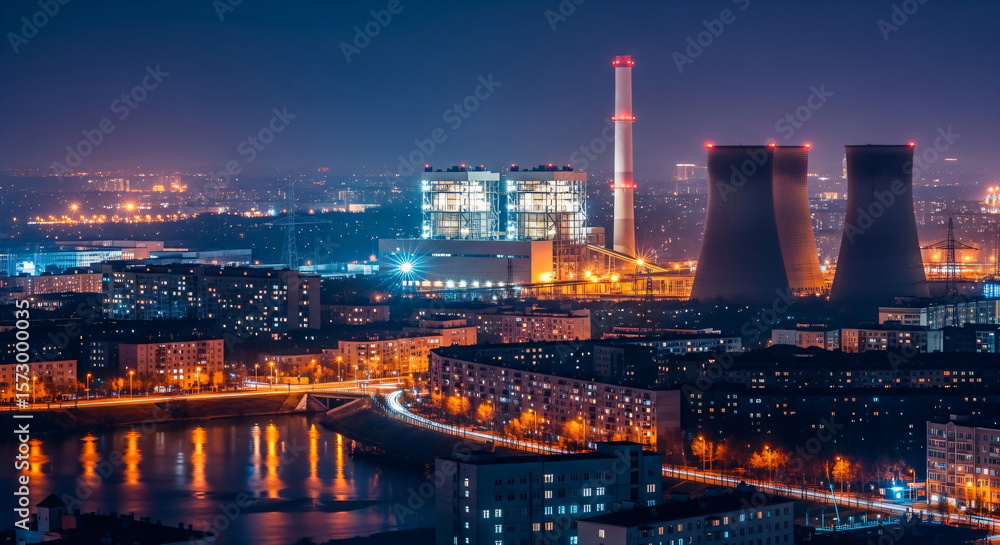 Fototapeta premium Thermal power plant with cooling towers and tall smokestack illuminates cityscape at night, reflecting on river. Industrial energy generation.