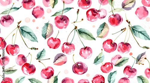 Watercolor pattern red cherries on white background seamless vector pattern