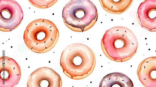 Watercolor pattern of colored donuts with sprinkles on a white background