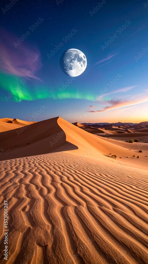 Naklejka premium Desert Dunes Under Aurora Borealis and Full Moon at Night