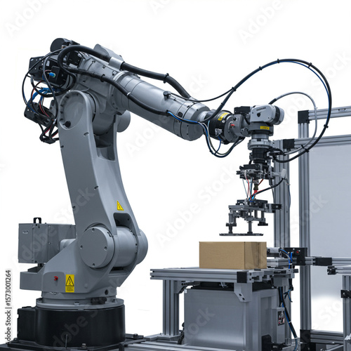 Robotic Arm Precision: Automated Assembly of Product on White Background, 8K Detail.