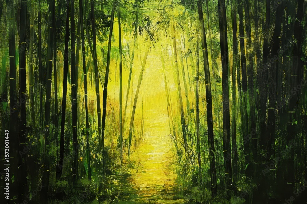 Naklejka premium Lush bamboo forest pathway illuminated by golden sunlight and green foliage, Tropical bamboo forest, Bamboo forest landscape