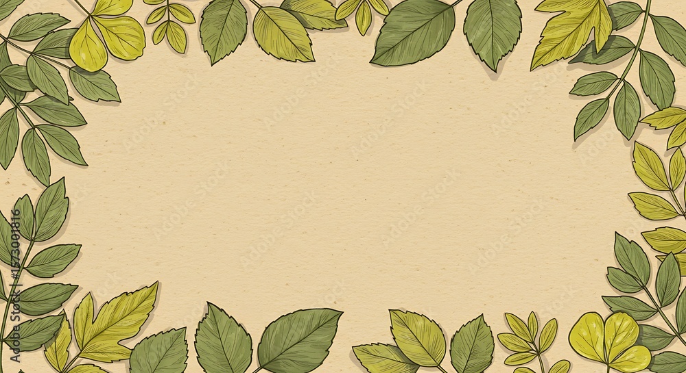 Naklejka premium Elegant Botanical Frame: Beige Background with Green and Yellow Leaves
