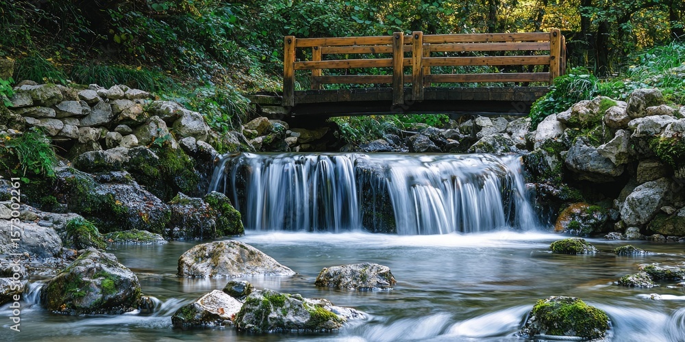 Fototapeta premium A peaceful waterfall with a wooden footbridge nearby