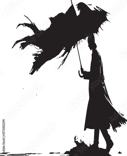 Title: Struggling with Umbrella in Storm


