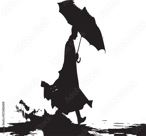 Title: Figure with Umbrella in Rain

