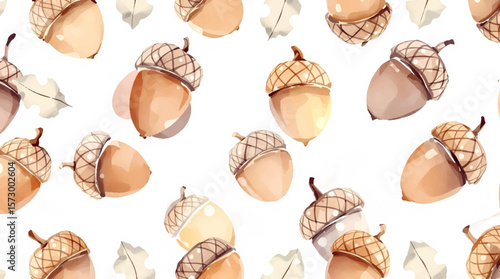 Acorns With Oak Caps Scattered On White Background, Natural Autumn Harvest Pattern For Background Use