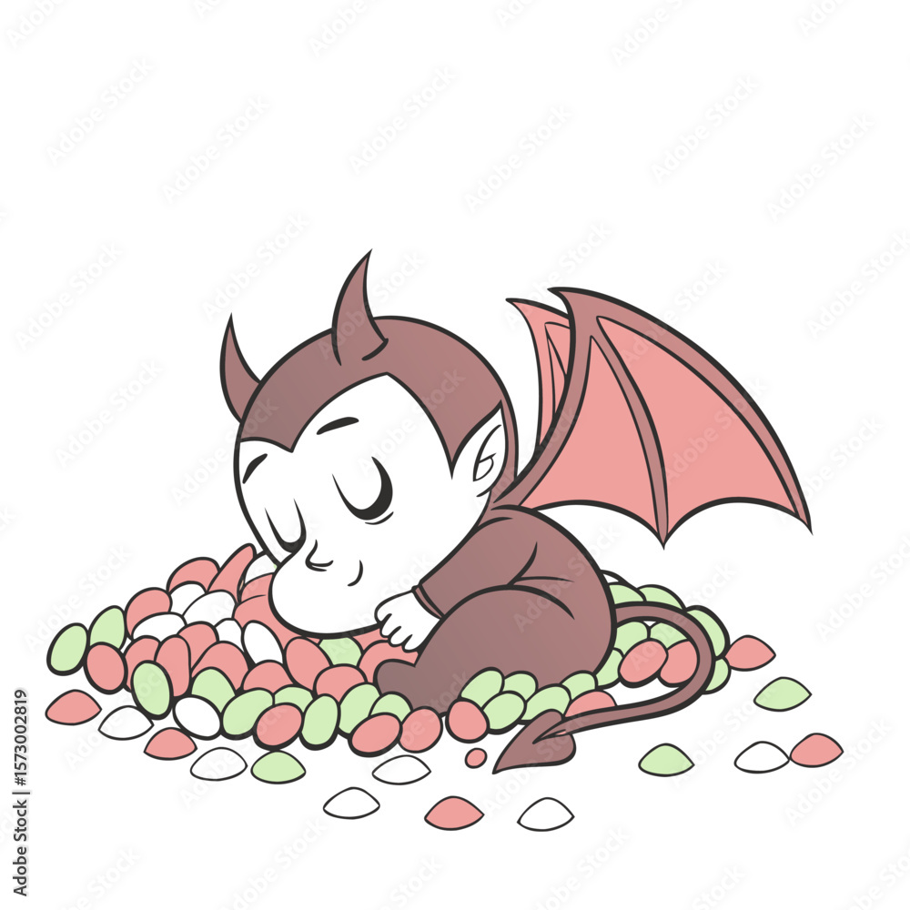 Fototapeta premium Cartoon baby devil sleeping on a pile of colorful candies with wings and horns in a cute illustration
