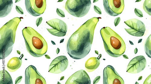 Watercolor background pattern avocado on white background	