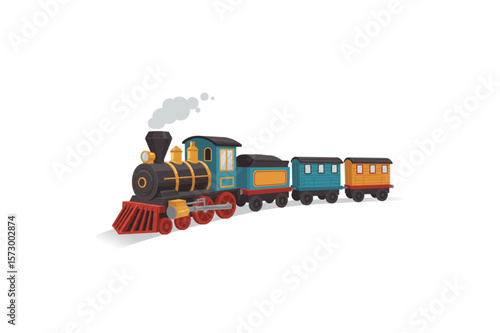 A cheerful locomotive and passenger cars transport you back in time, perfect for children's books or vintage railway themed design projects.