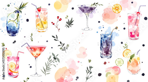 Vibrant watercolor illustration of various tropical cocktails with umbrellas and fresh fruit	