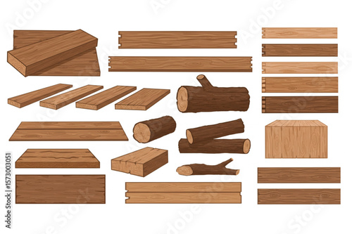 A lumberyard assortment of wood planks and logs provides rustic elements for crafting, carpentry, and building design projects.