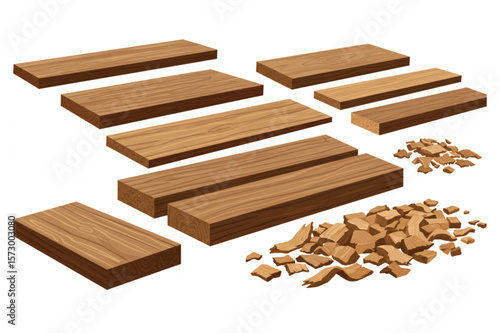 Several wooden planks and wood chips are arranged artistically in this rustic design for various creative and crafting endeavors.