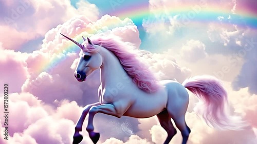 Magical white unicorn prancing elegantly through soft pink clouds, powerful mane and tail flowing, with vibrant rainbow stretching dramatically across dreamy sky backdrop