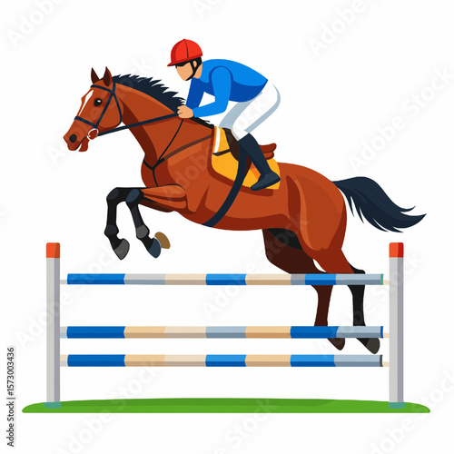 Equestrian Horse Jumping Over Blue and White Hurdle with Red Helmet Rider in Blue Outfit Vector Illustration