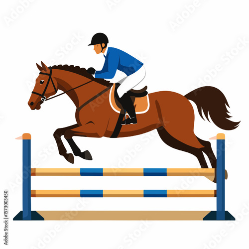Equestrian Horse Jumping Over Blue and Tan Hurdle Graphic Illustration with Brown Horse Blue Top and Black Helmet