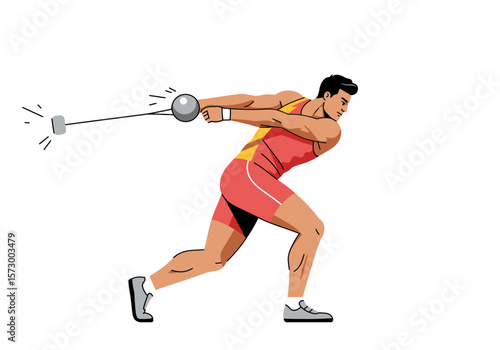 Athlete in Red and Yellow Uniform Swinging Hammer for Throwing Event.