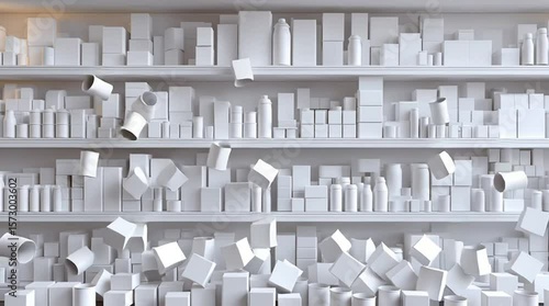 Infinite white retail shelf animation- falling products of boxes, cans, bottles, cleaners, cosmetics consumer products  tumbling, spilling. Generic tonal store shelf merchandise, dolly, 3d motion