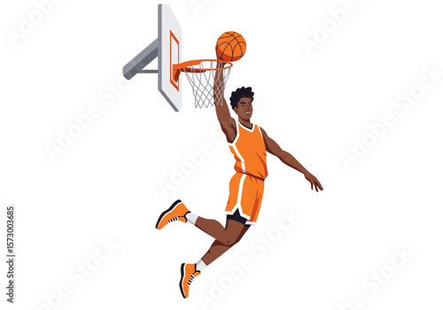 Basketball Player in Orange Uniform Slam Dunking with Determination and Athleticism.