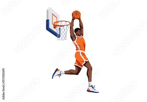 Basketball Player in Orange Uniform Slam Dunking with Ball Near Hoop.
