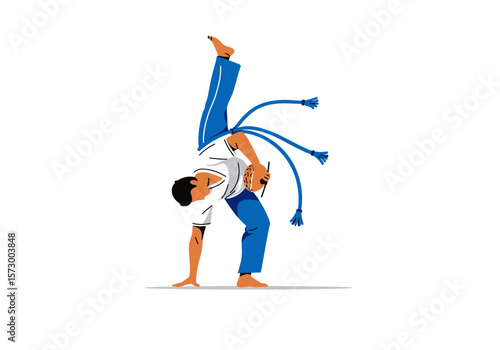 Capoeira Performer in Handstand with Berimbau Blue Cord White Shirt.