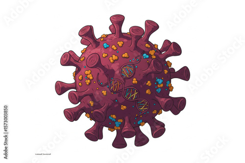 Detailed drawing presents a virus structure with vibrant colors, useful for health and science educational visuals.