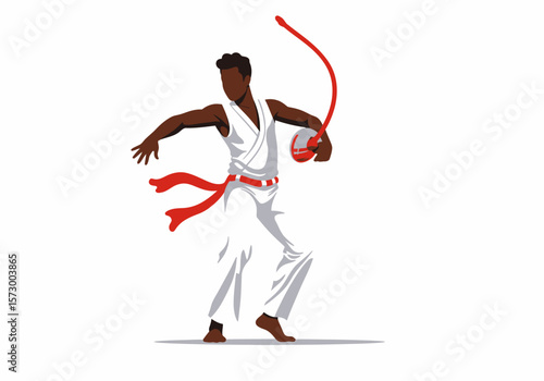 Capoeira Practitioner in White Uniform with Berimbau Red Belt and Dynamic Pose.