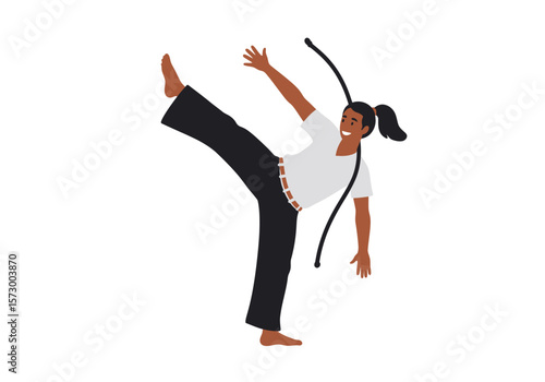 Capoeira Practitioner Performing a Kick with Berimbau Instrument.