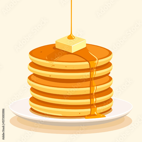 Golden Pancake Stack with Melting Butter and Syrup on White Plate Pixel Art Style for Breakfast Meal Still Life Delicious