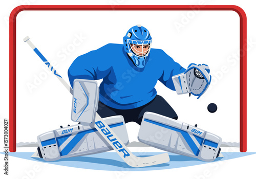 Cartoon Hockey Goalie in Blue Gear Blocking Puck with Stick and Pads.